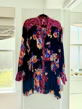 Free People Floral Button-Down Mini Dress / Tunic – Pink Black Blue – Size L